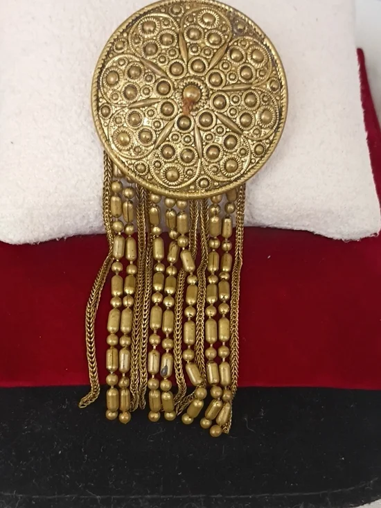 Gold Filigree Round Brooch with Beaded Fringe Vintage