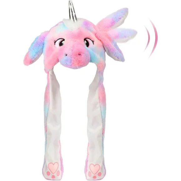 Kids Unicorn Rainbow Animal Hat with Ears Moving Jumping Pop Up Beating Plush
