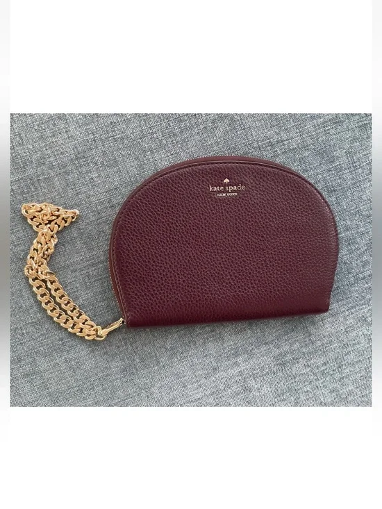 Kate Spade Jackson 1/2 Moon burgundy wristlet clutch leather gold chain