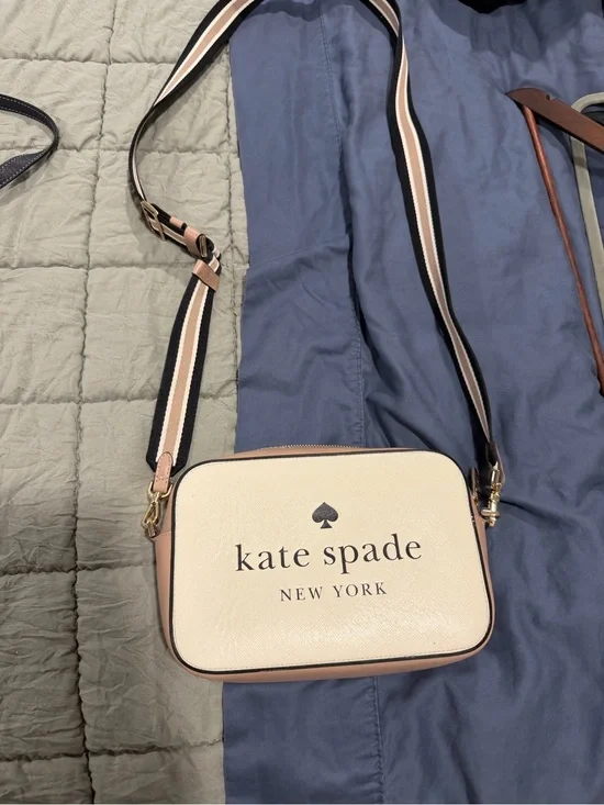 kate spade Cream and Blush Logo Crossbody with Striped Strap