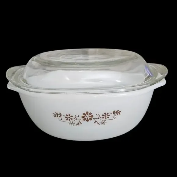 Vintage Pry-O-Rey White Milk Glass Covered Casserole Dish Brown Floral