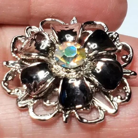 Vtg Silver Tone Rhinestone Flower Pin Brooch Aurora Borealis Center 1