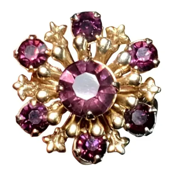Starburst Scatter Brooch Purple Rhinestones Gold Tone Riveted Back 1/2