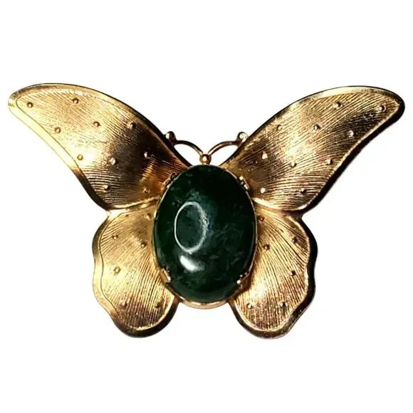 Vtg Green Agate Butterfly Insect Gold Tone Wings Brooch Pin 1.5