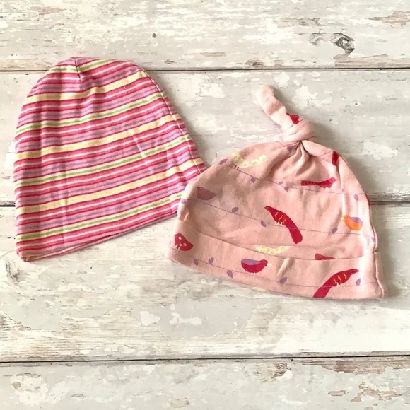 BabyGap Baby Girl Knot Hats Beanies Pink Stripes & Bird Print Set of 2 Gap Kids