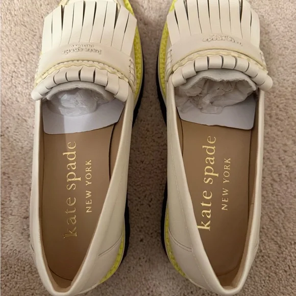 Kate Spade “Caddy Loafers” Leather Kiltie Loafers with Yellow Trim Style KG586