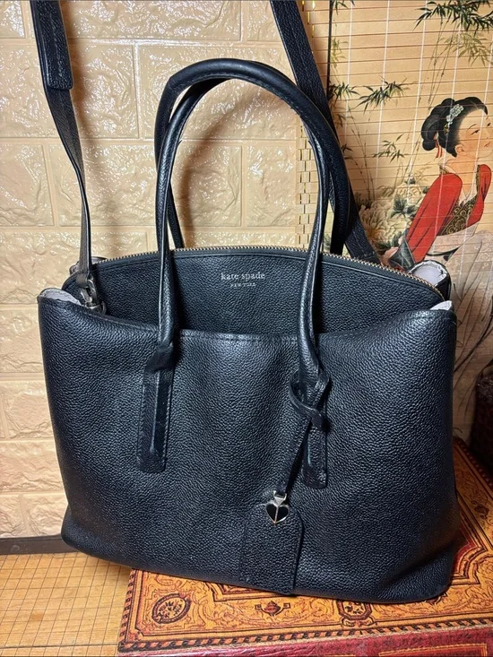 kate spade Black Pebble Leather Tote with Heart Charm