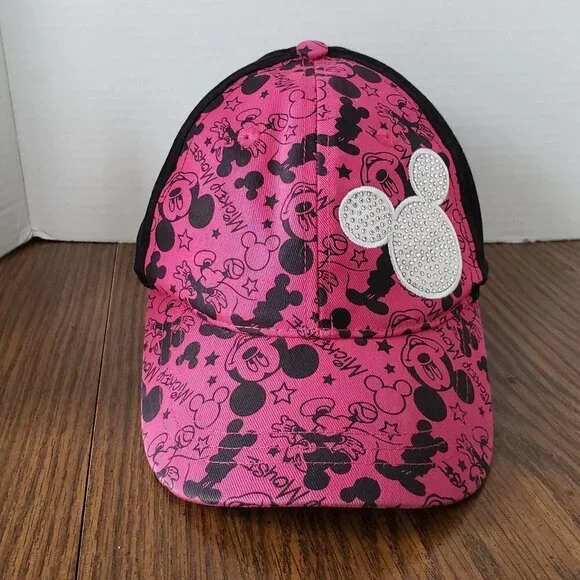 Disney Parks Youth Mickey Mouse Pink and Black Rhinestone Ball Cap