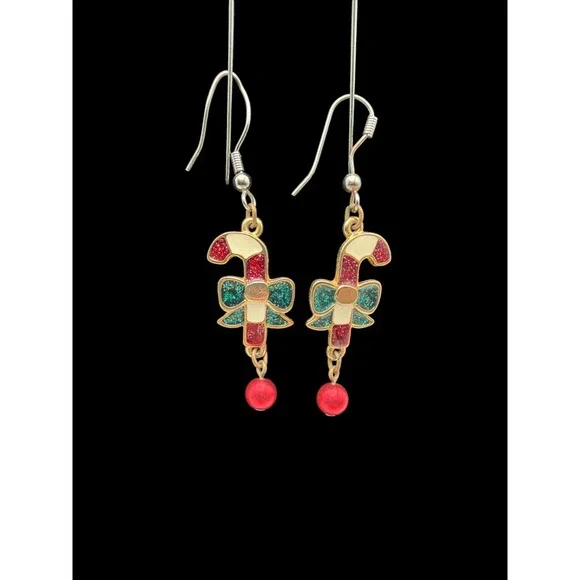 Candy Cane Christmas Pierced Dangle Earrings Vintage EUC