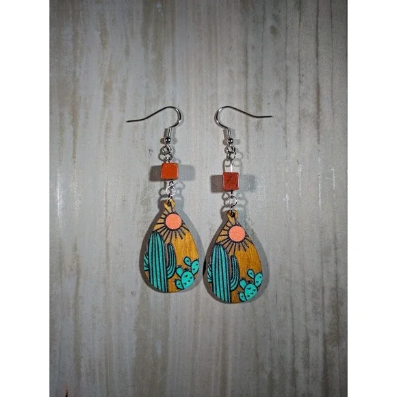 TrailerSpark Desert Cactus Wood Teardrop Earrings Stainless Steel Hooks Boho