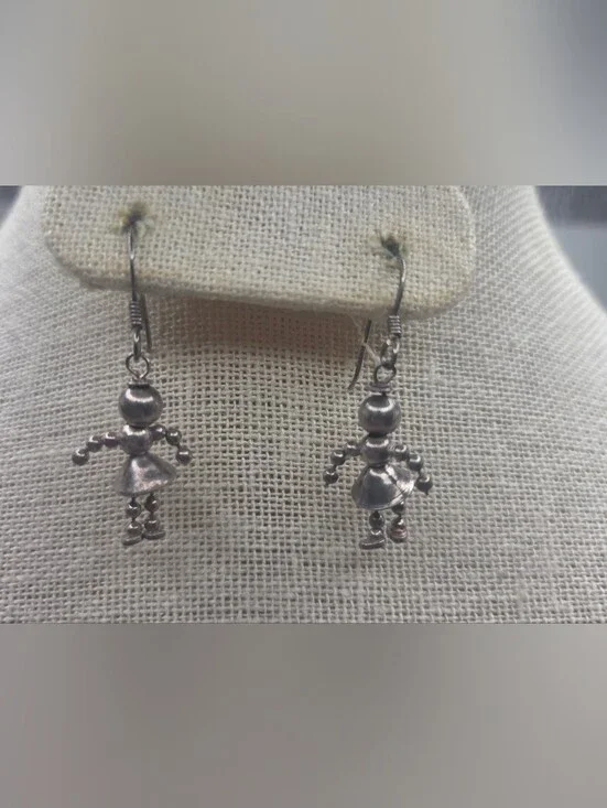 Vintage Sterling Silver 925 Beaded Girl Dangle Earrings