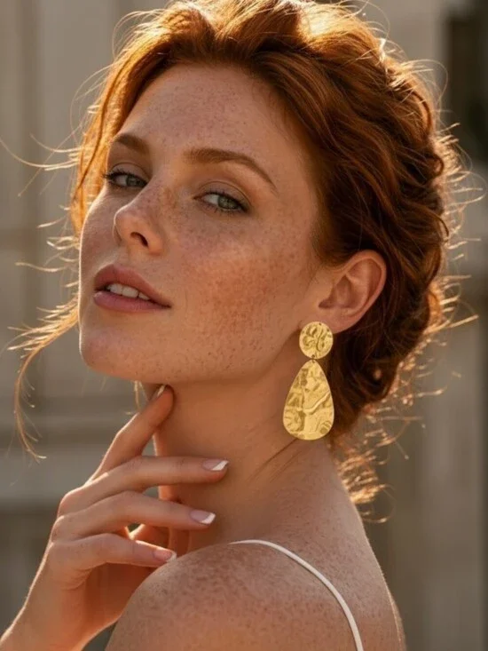 18k Gold Plated SS Hammered Teardrop Drop Earrings Bohemian Gold 2.8