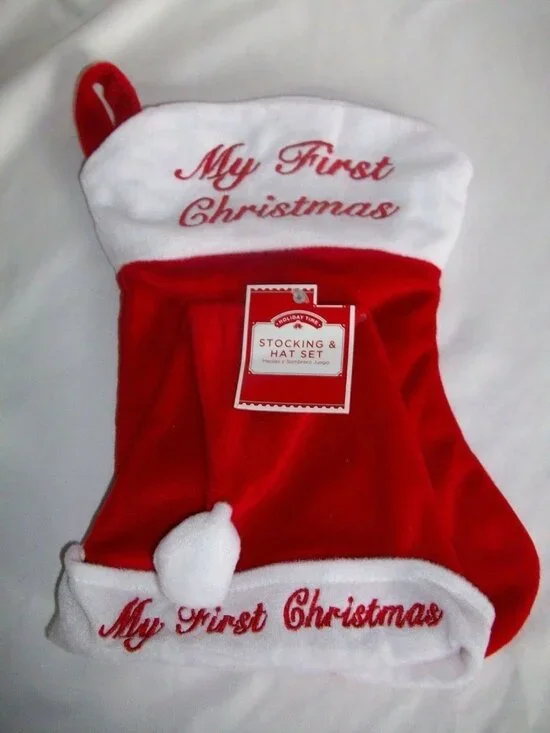 Holiday Time My First Christmas Baby Stocking Hat Set Embroidered Red White