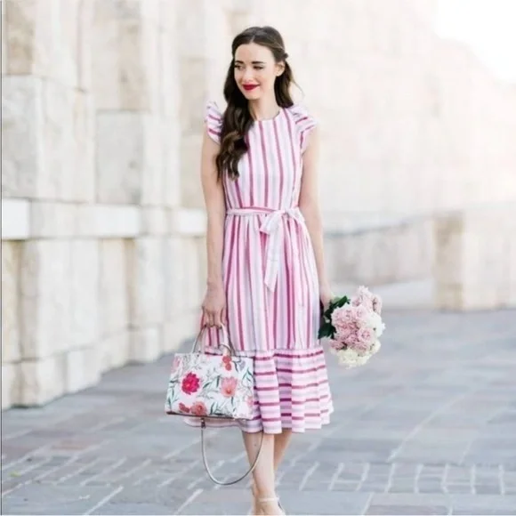 ▶️ Kate Spade ◀️ Pink Striped Poplin Ruffle Midi Dress Women's 14
