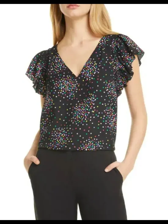 kate spade Black V-Neck Flutter Sleeve Top with Multicolor Confetti Dots