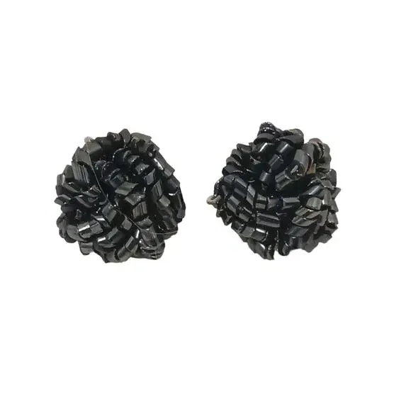 Black Bugle Glass Beads Clip-On Earrings Seeded Cluster Prom Wedding Formal Glam
