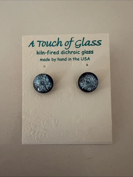 A Touch of Glass Dichroic Round Stud Earrings - Blue Silver