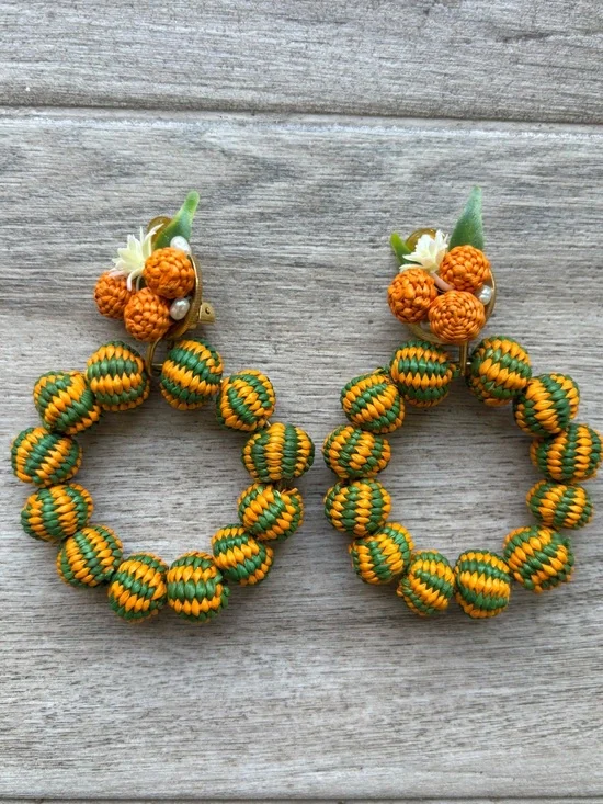 Mercedes Salazar  Green and Orange Woven Hoop Earrings handmade in Colombia