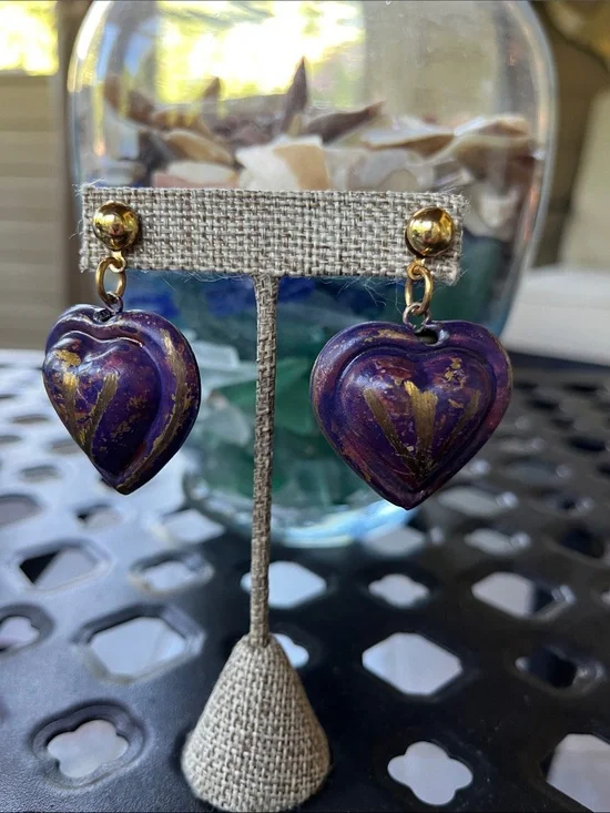 Hand-Painted Purple Heart Drop Earrings with Gold Accents