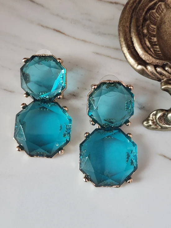 Teal Double Octagon Statement Earrings Gold and Blue Crystal Dangling