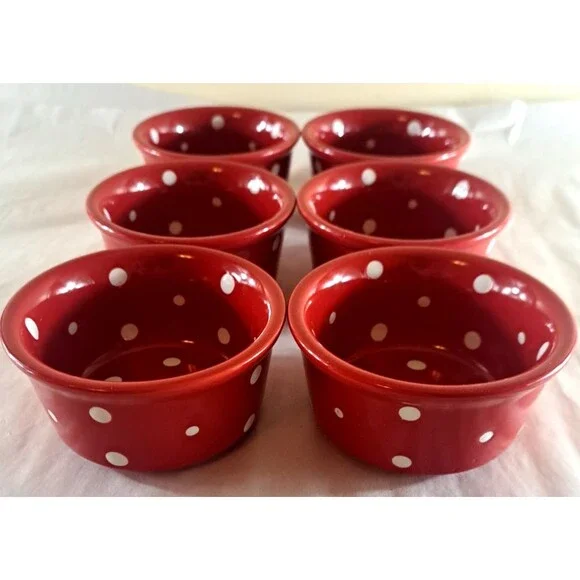 Temptations Ramekins Small Bowls Red & White Polka Dot 6 oz Round Set Of 6