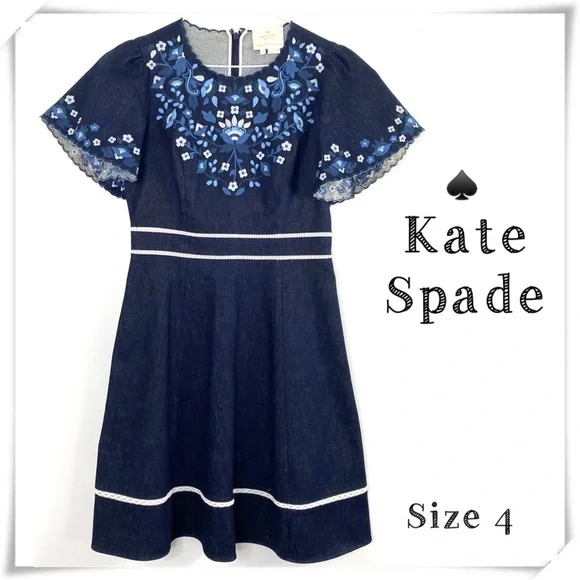 KATE Spade Rare Floral Embroidered Ruffle Short- Sleeve Denim Flare Dress