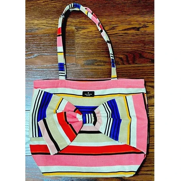 Kate Spade Tote Bag Women Large Pink Multi Stripe Good Canvas Bow Detail