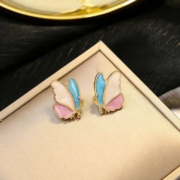 Pastel Butterfly Pierced Stud Earrings Enamel Pink Blue White Gift NWT Dainty