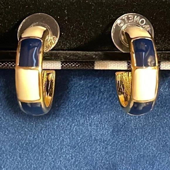 - Monet 22KT Electroplated Navy Blue & Gold Enamel 1” hoop Earrings
