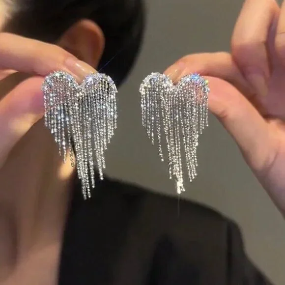 Silver Casual Women's Heart Shaped Rhinestone & Tassel Earrings