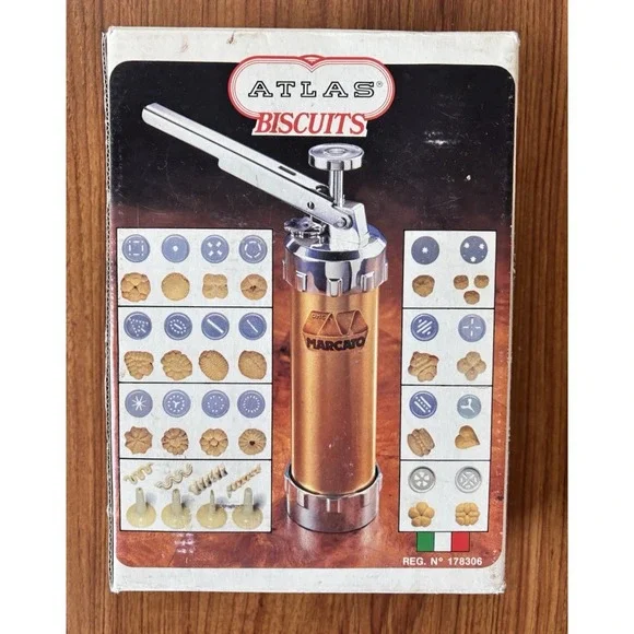 Vintage Marcato‎ Atlas Biscuit Maker Cookie Press w/28 Attachments NEW Italy
