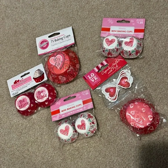 NEW Valentine's Baking Cups 111 reg size & 300 mini cups, 36 heart picks