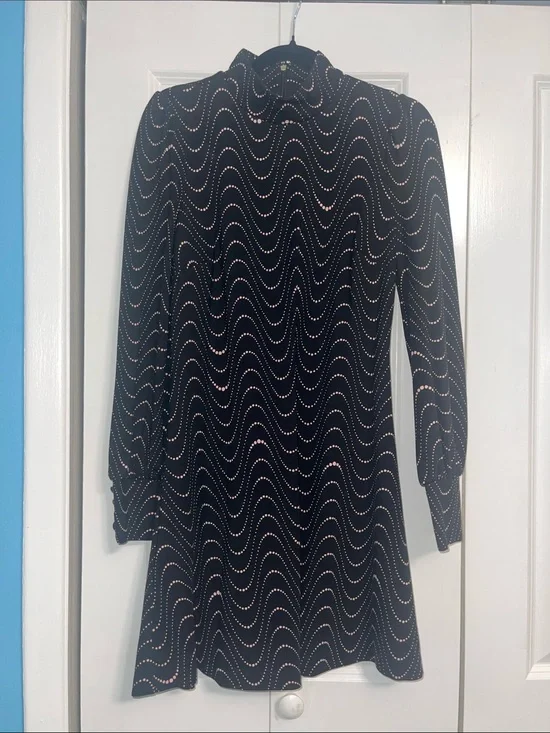 Kate Spade Black Long-Sleeve Swing Dress with Copper Dot Wave Print