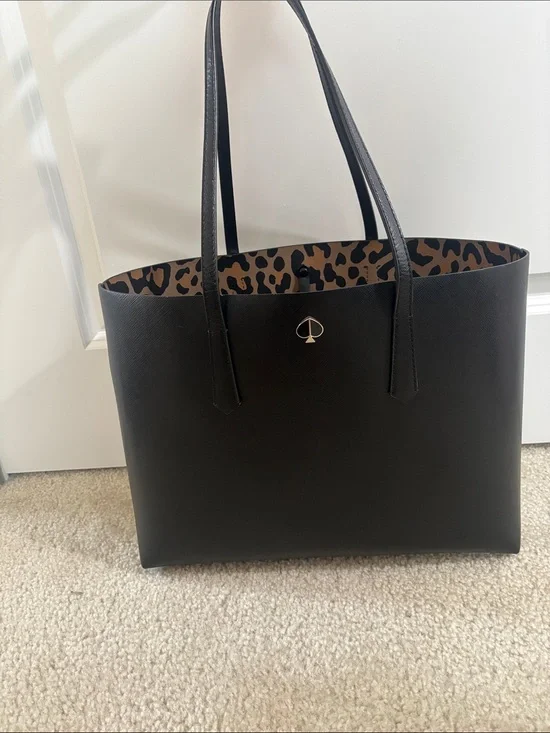 kate spade new york black tote leopard lining pouch gold hardware snap pockets