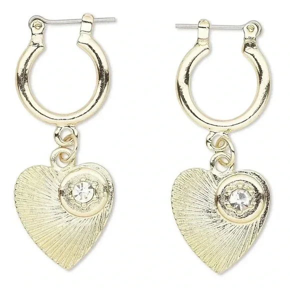 Austrian Crystal Carved Gold Dangly Heart Dangle Latch Back Earrings