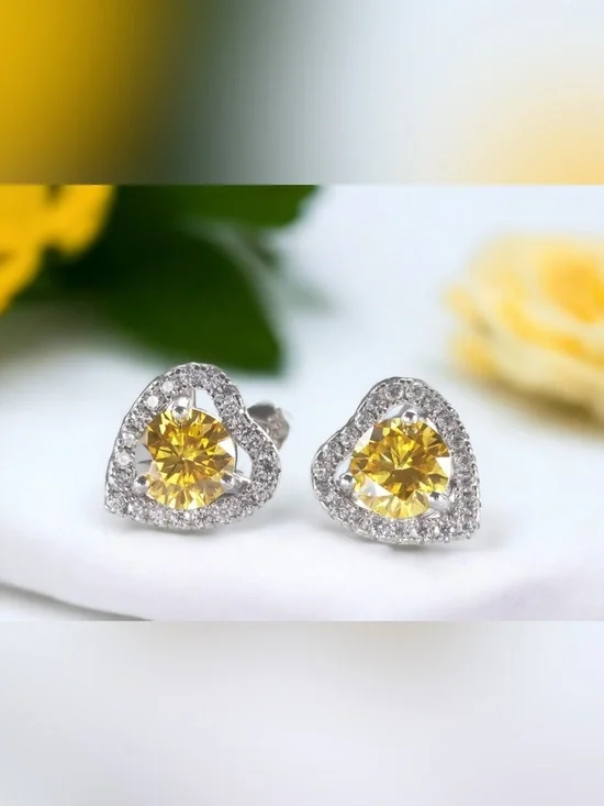 Lemon Yellow Moissanite 1ct heart shape halo Stud Earrings S925 sterling silver