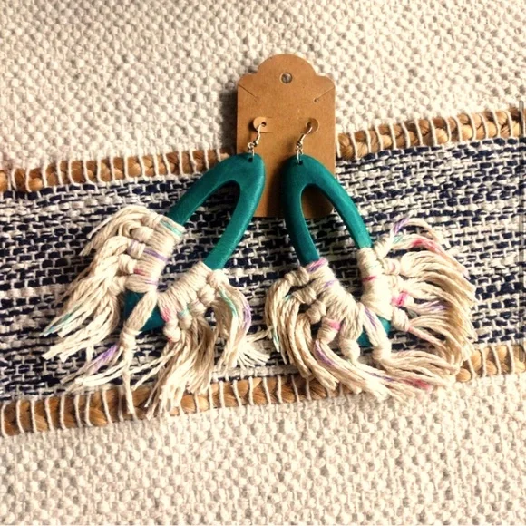 Gorgeous Handcrafted Earrings with Tribal Vibe. Teal colored wood cream fringe