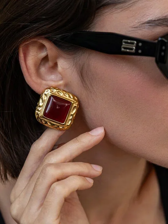 Chunky Twisted Rope Border Square Red Stone Gold Tone Retro Daily Accessory