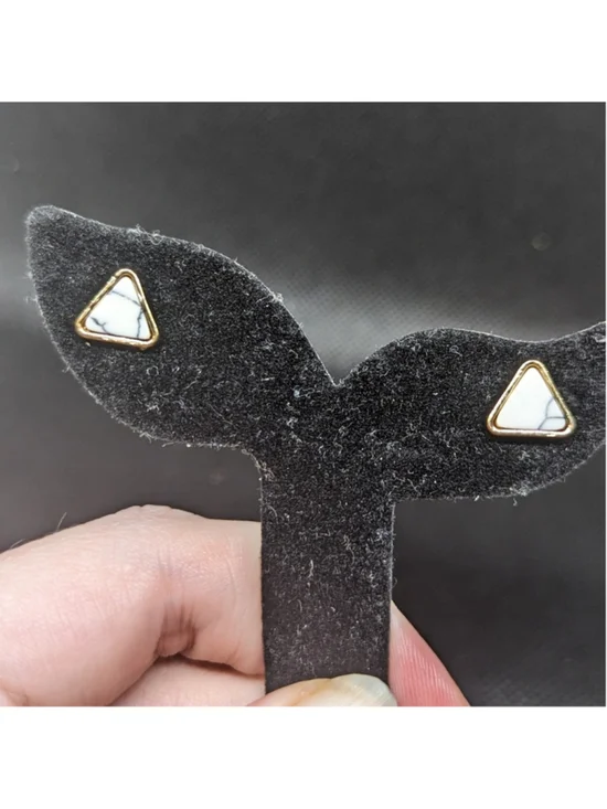 Gold Tone White with Black Lines Triangle Stud Style Statement Earrings