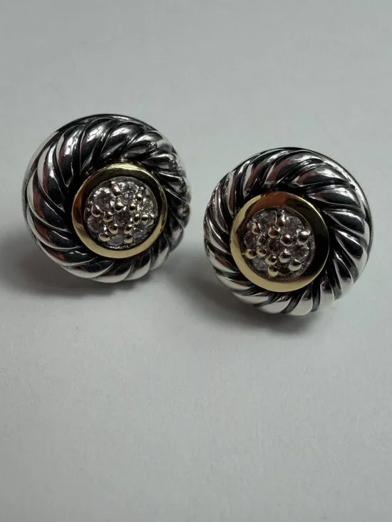 David Yurman Cable Cookie Diamond 18K Gold Sterling Silver Stud Earrings