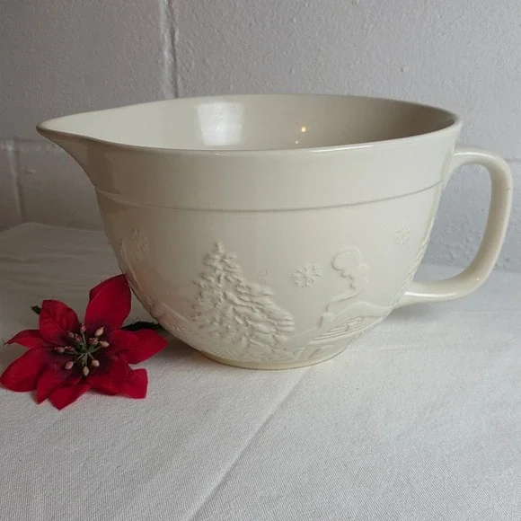 The Bake Shop Cream Embossed Winter Scene Stoneware Mixing Bowl Spout Handle