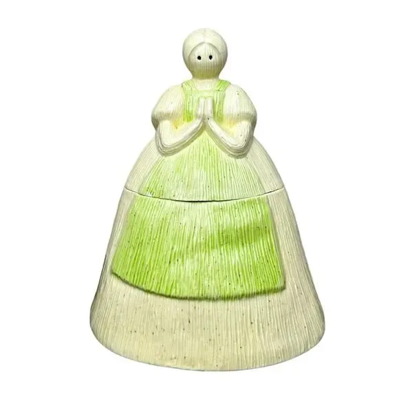 Vintage Ceramic Cookie Jar Woman Praying Hands Mint Green Apron 9