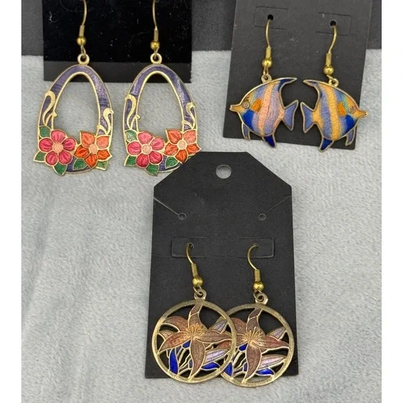 Vintage Cloisonne Earrings Lot Flower Fish Pierced‎