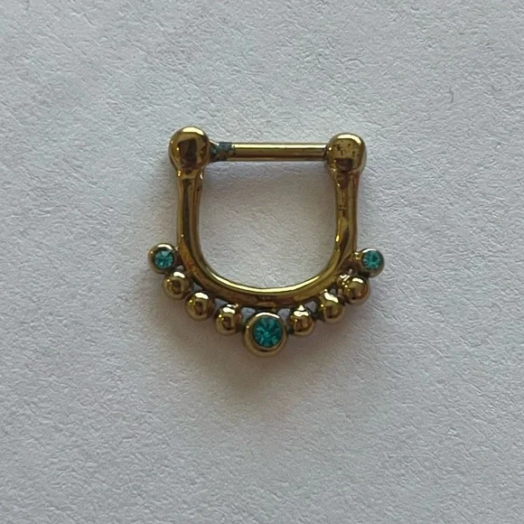 Gold Septum Clicker with Teal Gem Accents