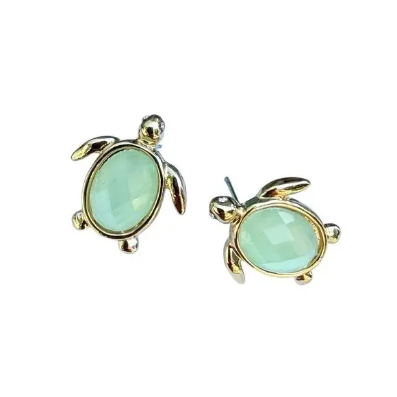 MONET Sea Turtle Post Earrings Aqua Minet Faceted Glass Gold Tone Modern Beach