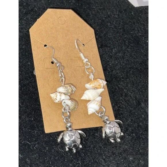Sea Turtle Sea Shell Charm 14k White Heavy Plated Earrings French wire fish hook