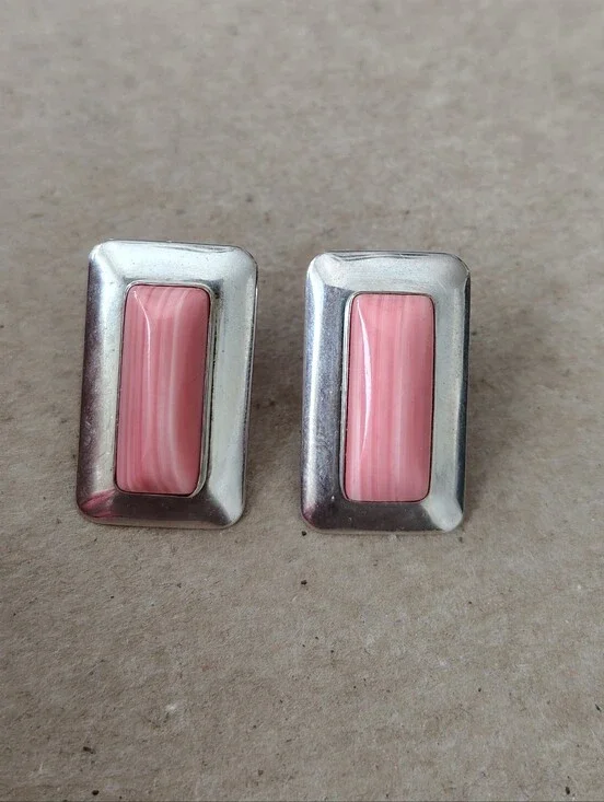 Pink Rectangular Stone Silver-Tone Stud Earrings - Women Jewelry