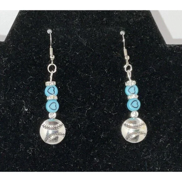Baseball, Softball W/ BlueHearts Hook Earrings Shiny Finish Silver PlayBall New