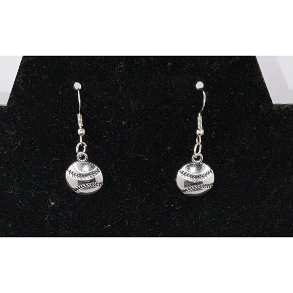 Baseball, Softball With Hook Earrings Shiny Finish Silver Play Ball New