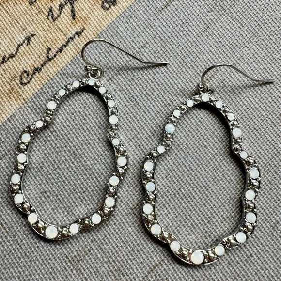 New Faceted White Iridescent Crystals Silver Tone Dangle Earrings - 2.25”